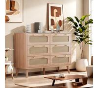 Poeahu Commode avec tiroirs en rotin, buffet avec poignées et pieds solides, 100 x 34 x 73 cm, style bohème pour salon, chambre à coucher, couloir, couleur bois