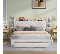 Poeahu Lit 160x200 à LED avec Station de Charge, Lits Double Rembourré avec Deux Tiroirs et Tête de Lit avec Rangement, Lits Coffre 160 x 200 cm avec Sommier à Lattes en Bois, Velours, Blanc