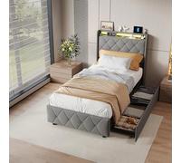 Poeahu Lit 90x200 avec Sommier LED et USB, Lit 1 Personne avec 2 Tiroirs de Rangement, Lits Simple Rembourré avec sommier à Lattes, Lits Une Place pour Enfant Adolescent, sans Matelas