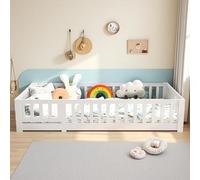 Poeahu Lit au Sol Enfant 90x200, Lit Montessori au Sol en Bois Massif avec Barrière de Sécurité et Sommier à Lattes, Cadre de Lits 1 Place pour Garçons et Filles, Enfants et Bébés (B, 90x200 cm)