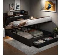 Poeahu Lit Coffre 140 x 190 cm, Lit Double Rembourré avec LED et USB, Cadre de Lits avec Tiroirs et Etagères Ouvertes et Rangement Caché sous Le Lits, Lin, Gris Foncé (140 x 190 cm)