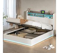 Poeahu Lit Coffre 160x200 cm, Lit Double Rembourré avec Étagères Ouvertes et Hydraulique Rangement, Cadre de Lits 2 Personnes avec LED et USB, Velours, sans Matelas (Blanc) (160x200 cm)