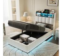 Poeahu Lit Coffre Enfant 90x200 avec Rangement et Tete de Lits, Cadre de Lit 1 Place 90 x200 avec LED et USB, Lits Simple Rembourré avec à Sommier à Lattes 1 Personne, sans Matelas