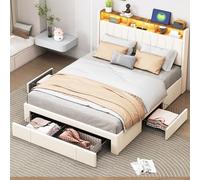 Poeahu Lit Double Capitonné 160 x 200 cm avec 4 Tiroirs de Rangement, Lit Rembourré avec Lumières LED et USB, Lits 2 Personnes avec Tête de Lits de Rangement, Velours, sans Matelas