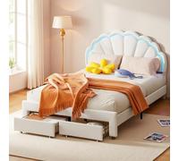 Poeahu Lit Enfant 140x200 avec 2 Tiroirs de Rangement, Lit Enfant Fille avec Tête de Lit LED en Forme de Fleur, Sommier à Lattes, Lits Princesse Fille 2 Personne pour Adolescents, Velours