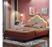 Poeahu Lit Enfant 90x200 cm avec LED et Tête de Lit Réglable, Lit Fille avec Tête en Forme de Couronne, Cadre avec Sommier à Lattes, Pieds en Métal, sans Matela, Velours(Rose+Blanc A, 90x200 cm)