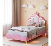 Poeahu Lit Enfant 90x200, Lit Princesse Fille avec Sommier à Lattes et éclairage LED, Lits Simple Rembourré en Forme de Couronne avec Tête de LIT Réglable, Lits 1 Place pour Filles Adolescent