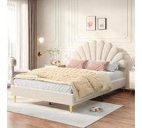 Poeahu Lit Enfant capitonné 140x200, Cadre de lit Double pour Fille, lit Junior avec tête de lit en Forme de pétale, sommier à Lattes, sans Matelas, Velours(Beige A, 140x200 cm)