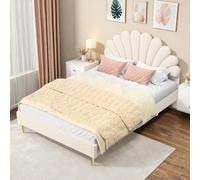 Poeahu Lit Enfant Fille 140x200 cm Lit Double Rembourré avec Sommier à Lattes et Tête de Lits à Pétales Lits Princesse Fille pour Enfants et Adolescents, Velours, Beige (Beige)