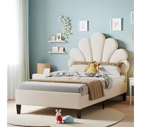 Poeahu Lit Enfant Fille 90x200 cm, Lit Simple Rembourré avec Tête de Lits Réglable en Hauteur en Forme de Florale, Lits Princesse avec Sommier à Lattes, LiT 1 Personne pour Adolescents