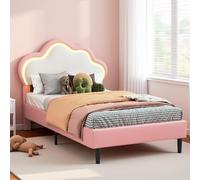 Poeahu Lit Enfants 90x200, Lit Simple Rembourré avec Tête de Lits LED Réglable et Sommier à Lattes, Cadre de Lits Adolescente Fille pour Enfants, Adolescents, Adultes, PU, Rose