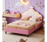 Poeahu Lit Fille 90x200 cm, Lit Enfant Rembourré avec Sommier à Lattes et éclairage LED, Lits Princesse Fille en Forme de Couronne avec Tête de LIT Réglable, LiT Rose pour Filles Adolescent