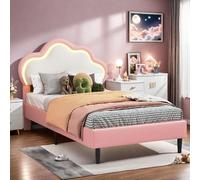 Poeahu Lit Simple Rembourré 90x200 avec LED, Lit Enfant Fille avec Tête de Lits Réglable en Hauteur en Forme de Nuage, Lits 1 Personnes pour Fille Adolescent, PU, sans Matelas(Rose D, 90x200 cm)