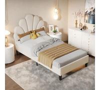 Poeahu Lit Simple Rembourré 90x200 cm, Lit Enfant Fille avec Tête de Lits en Forme de Fleur, Cadre de Lits 1 Personne pour Adolescents et Enfants, Bed de Pétales, Velours, sans Matelas (Beige)