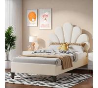 Poeahu Lit Simple Rembourré 90x200, Lit Enfant Fille avec Tête de Lits Réglable en Hauteur en Forme De Pétale, Lits 1 Personnes pour Fille Adolescent, Velours, sans Matelas(Beige C, 90x200 cm)