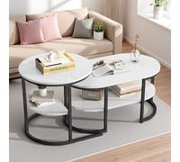 Poeahu Lot de 2 Tables Basses Gigognes, Table D'appoint Ronde avec Cadre en Métal et Placage Marbre, Table Basse Design Moderne pour Salon, Balcon et Bureau, Empilable, Style Moderne (Noir)