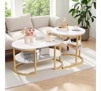 Poeahu Lot de 2 Tables Basses Gigognes, Table D'appoint Ronde avec Cadre en Métal et Placage Marbre, Table Basse Design Moderne pour Salon, Balcon et Bureau, Empilable, Style Moderne (Doré)