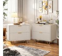 Poeahu Table de Chevet Lot de 2, Tables de Chevet avec 2 Tiroirs et, Table D'appoint avec Poignées dorées et Motif Vagues, Commode Moderne pour Chambre à Coucher et Salon, 49x29x47 cm, Blanc