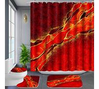 Poedist Lot de 4 rideaux de douche en marbre à bords dorés pour salle de bain avec rideau de douche et tapis (tapis de bain, tapis en forme de U et tapis de couvercle de toilette) et 12 crochets