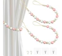 Poeland Lot de 2 embrasses de rideaux en perles de bois de style bohème avec crochets pour chambre à coucher, chambre d'enfant, salle à manger (rose et blanc)