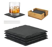 Poeland Lot de 4 dessous de verre en ardoise avec plateau en bois et craie, pour la maison, l'appartement, la cuisine, le bar (4 pièces)