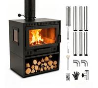Poêle à Bois en Fonte, Poêle à Bois Autoportant Haute Performance avec Kit de Conduit Complet, Double Combustion & Système Air Wash, Poêle de Chauffage Intérieur Décoratif (55 × 50 × 30 cm)
