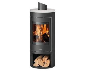 Poêle à bois Justus Mino 2.0 | 5,5 kW Acier noir, dessus céramique blanc soyeux, Sans buse de raccordement (standard)
