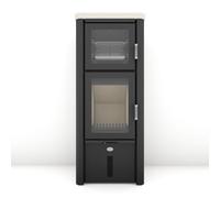 Poêle à bois Max Blank Odin BF 7,5 kW Compartiment de cuisson Parties latérales et couvercle en pierre naturelle crème lisse, raccordement du conduit de fumée en haut