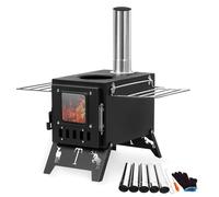 Poêle à bois portable avec tuyaux de cheminée, surface en titane améliorée, verre résistant à la chaleur et gants pour l'extérieur, noir