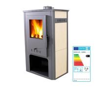 Poêle à bois SAMIRA 7kW A+ | Chauffage performant 150m³, haut rendement 85,7%, design acier et vermiculite