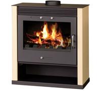 Poêle à bois V05 Rubin - 13 kW avec panneaux latéraux peints ivoire et grande fenêtre panoramique frontale