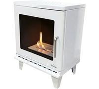 Thesis un poêle bio éthanol blanc équipé d une large vitre laissant apparaitre une flamme béante.