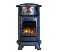 Poêle à gaz 3,4KW Fonte Véritable - Chauffage d'appoint Design Bleu Marine - Effet feu de bois, mobile sur roues Provence Sahara