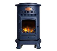Sahara - Poêle à gaz 3,4KW Fonte véritable - Chauffage d'appoint Design Traditionnel Bleu Saphir Mat - Effet feu de Bois, Mobile sur roulettes Provence
