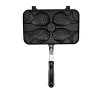 Poêle à taiyaki à 4 empreintes, poêle à gaufres antiadhésive, moule à gâteaux en forme de poisson avec poignée noire anti-brûlure, gaufrier en alliage d’aluminium à double face