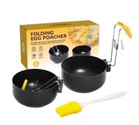 Poêle À Œufs Pochés | Cuiseur D'Œufs Antiadhésif | Marmite Ronde Anti-éclaboussures avec Poignée Amovible Pliable | Set avec Couverture en Silicone et Brosse pour Préparation Alimentaire