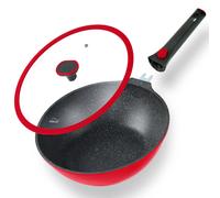 STONELINE Imagination PLUS Poêle Wok 30 cm, avec Poignée Amovible et Couvercle en Verre, Revêtement Antiadhésif avec de vraies particules de pierre, Rouge