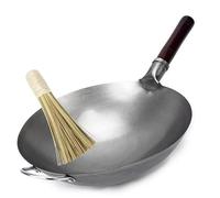 Poêle à wok chinoise professionnelle 36 cm à fond rond - Acier carbone martelé à la main - Qualité restauration - Fourni avec brosse en bambou - Manche en bois & acier - KAAMUT®