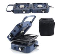 Poêle de camping au gaz, poêles de camp de barbecue pliables à 2 brûleurs avec plaque chauffante, brûleurs réglables et allumage piézo pour le camping en randonnée de randonnée