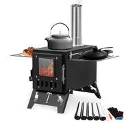 Poêle de camping portable et pliable, poêle à bois avec 5 conduits de cheminée, réchaud de camping extérieur pour cuisiner, chauffer et faire des grillades (noir)