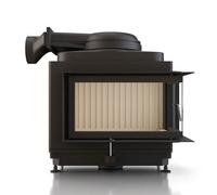Poêle en faïence Brunner HKD 11 Eck porte tournante 9 kW Cadre aveugle, noir, vitrage d'angle à droite, Hotte basse en fonte Ø 180 mm