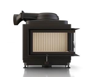 Poêle en faïence Brunner HKD 11 Eck porte tournante 9 kW Cadre aveugle, noir, vitrage d'angle à gauche, Capot moulé MAS 440 module d'extension réservoir de stockage double coque Ø 180 mm