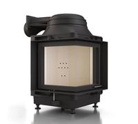 Poêle en faïence Brunner HKD 12 Eck charnière de porte à gauche/droite 9 kW Anbaurahmen, schwarz, Eckverglasung links, Gusshaube Ø 180 mm und Wärmetauscherringe Guss