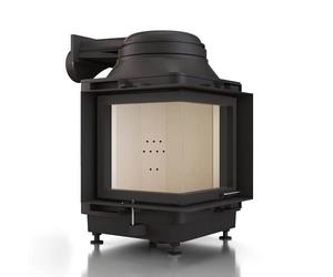 Poêle en faïence Brunner HKD 12 Eck charnière de porte à gauche/droite 9 kW Cadre aveugle, noir, vitrage d'angle à gauche, Hotte en fonte Ø 180 mm
