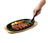 Poêle En Fonte Avec Plateau Bois Ovale Plancha Cuisson Antiadhésive Sûre | Poêlon de cuisson à frire Pour Maison Restaurant Cuisine Barbecue d'Intérieur Camping Fête Four Poisson Bacon
