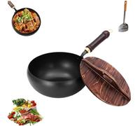 PoêLe En Fonte éPaisse Non RevêTue, ForgéE à La Main, AntiadhéSive, Grande Capacité Et Profonde, Avec Couvercle En Bois Lisse Et Spatule, Polyvalente Pour La Cuisson, La Cuisson Et Le RagoûT (26cm)