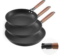 Poêle En Fonte Lot De 3pcs 20,5/26,5/31 Cm, Sauteuse Antiadhésive Pré-Assaisonnée Avec Poignée En Bois Amovible, Ustensiles De Cuisine Restaurant, Pour Gaz, Électrique, Induction, Noir