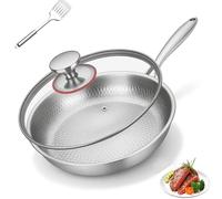 Poêle En Titane Martelé Pro Avec Couvercle 26/28/30 Cm,Ultra Durable, Résistante Aux Rayures, a Poêle à Frire En Titane Non Revêtu De Première Qualité Pour La Cuisine Batterie De Cuisine (28CM)