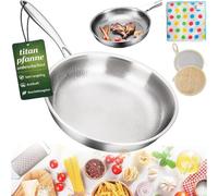 Poêle en titane non revêtue - 20/24/26/28/30 cm - Pure TitanPan - Avec couvercle à induction - Antiadhésive - Structure à cinq couches - Robuste et résistante aux rayures - Sans couvercle - 20 cm