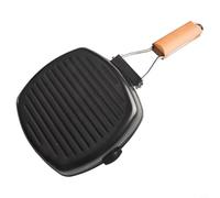 Poêle grill en fonte de 20 cm avec poignée en bois pliable - Poêle à steak anti-adhésive pour induction électrique au gaz - Barbecue portable pour intérieur et extérieur - Noir